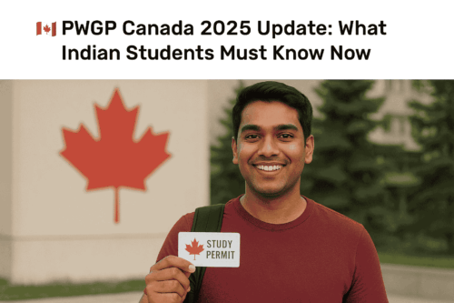Indian student smiling and holding a Canadian study permit card with a large red maple leaf in the background, symbolizing Canada.