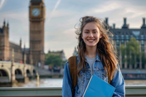 Indian student in London near Big Ben holding study documents, representing Indian student visa updates 2025, UK study abroad opportunities, and immigration policy changes.