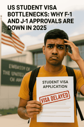 A concerned South Asian student holding visa documents, standing outside a U.S. embassy office, symbolizing delays in F-1 and J-1 student visa approvals in 2025.