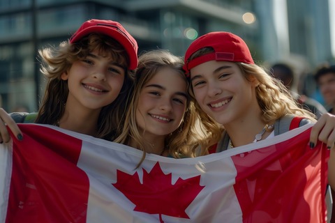 Three international students celebrating together while holding a Canadian flag, symbolizing success and new beginnings after graduation in Canada.