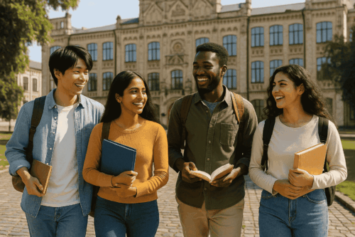 A group of diverse international students smiling and walking on a university campus in Europe, symbolizing hope and resilience amid visa delays and policy shifts for Fall 2025.