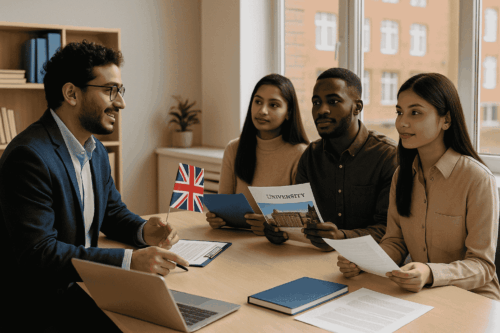 UK education agent advising international students in a university admissions office – quality-driven UK student recruitment in 2025